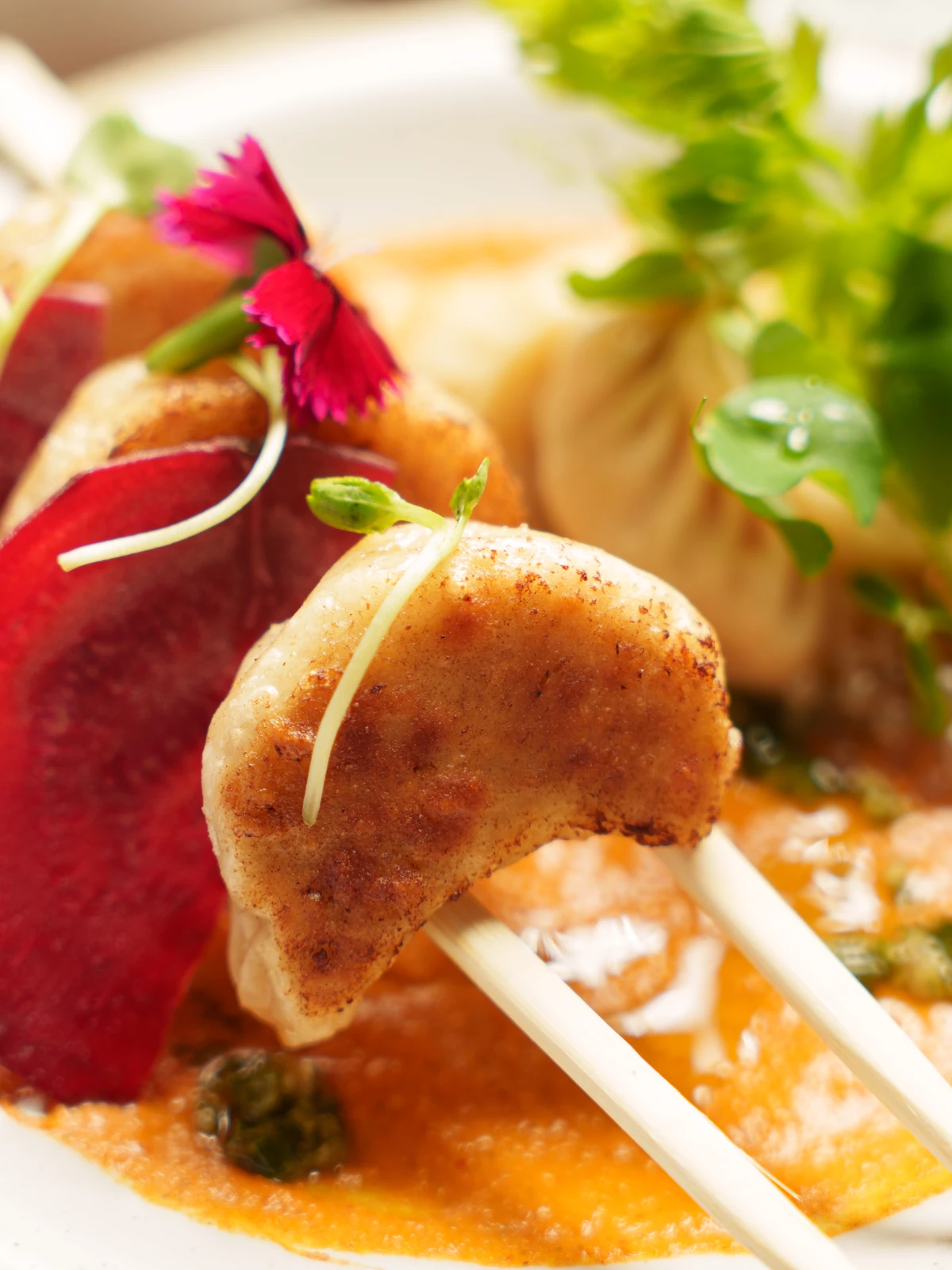 A plate garnished with flowers